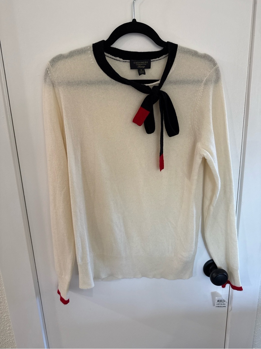 Charter Club Cashmere Cream Bow-Accent Sweater with Black & Red Trim